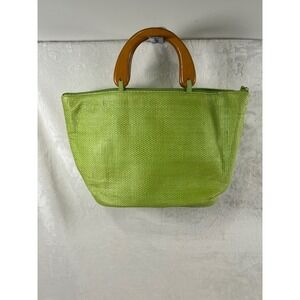 Coldwater Creek Green Woven Straw Tote Bag with Brown Wooden Handles Purse